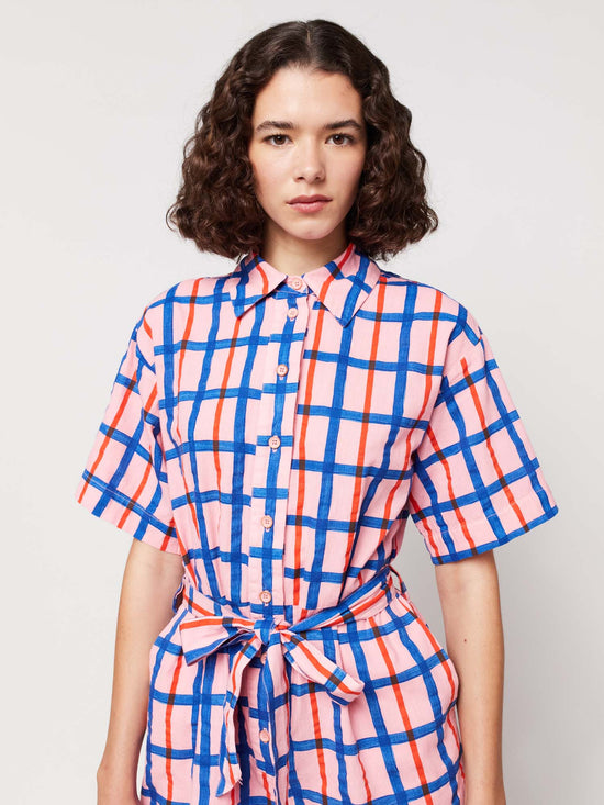 Checked Collar Buttoned Short Playsuit