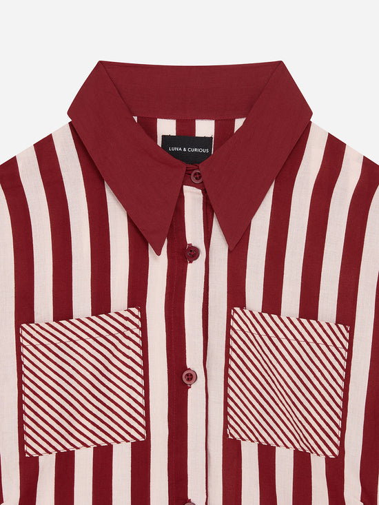 Red Stripe Puff Sleeve Shirt Dress