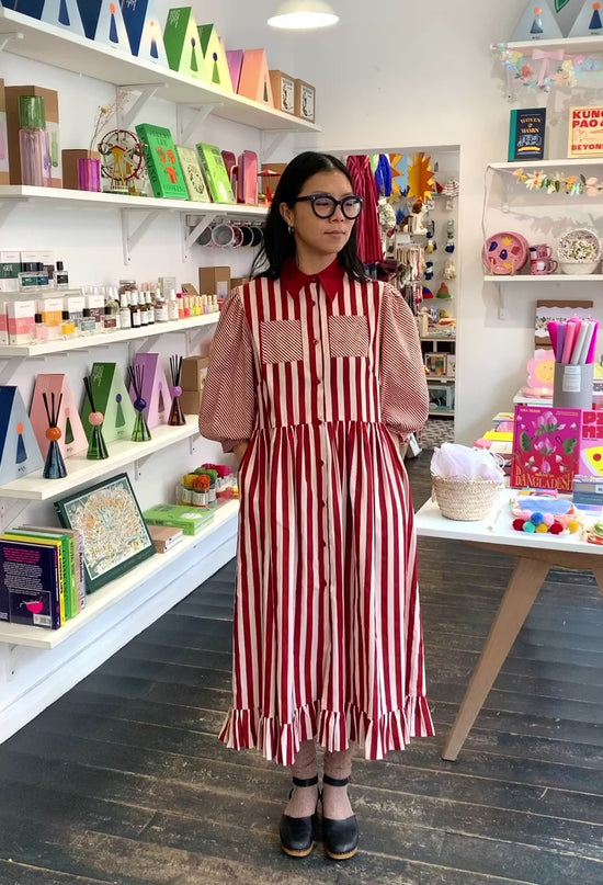 Load and play video in Gallery viewer, Red Stripe Puff Sleeve Shirt Dress
