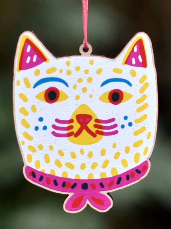 Cat Wearing Ribbon Printed Wooden Decoration