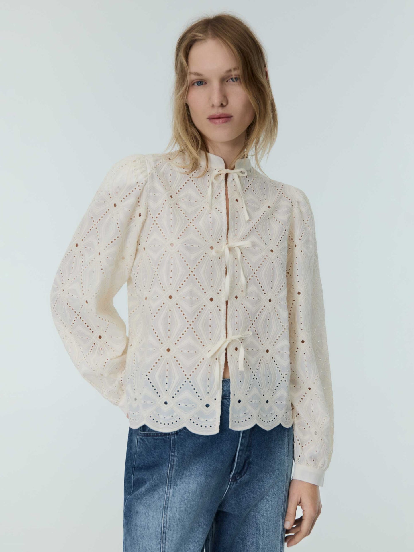 Cream Embroidered Tie Blouse