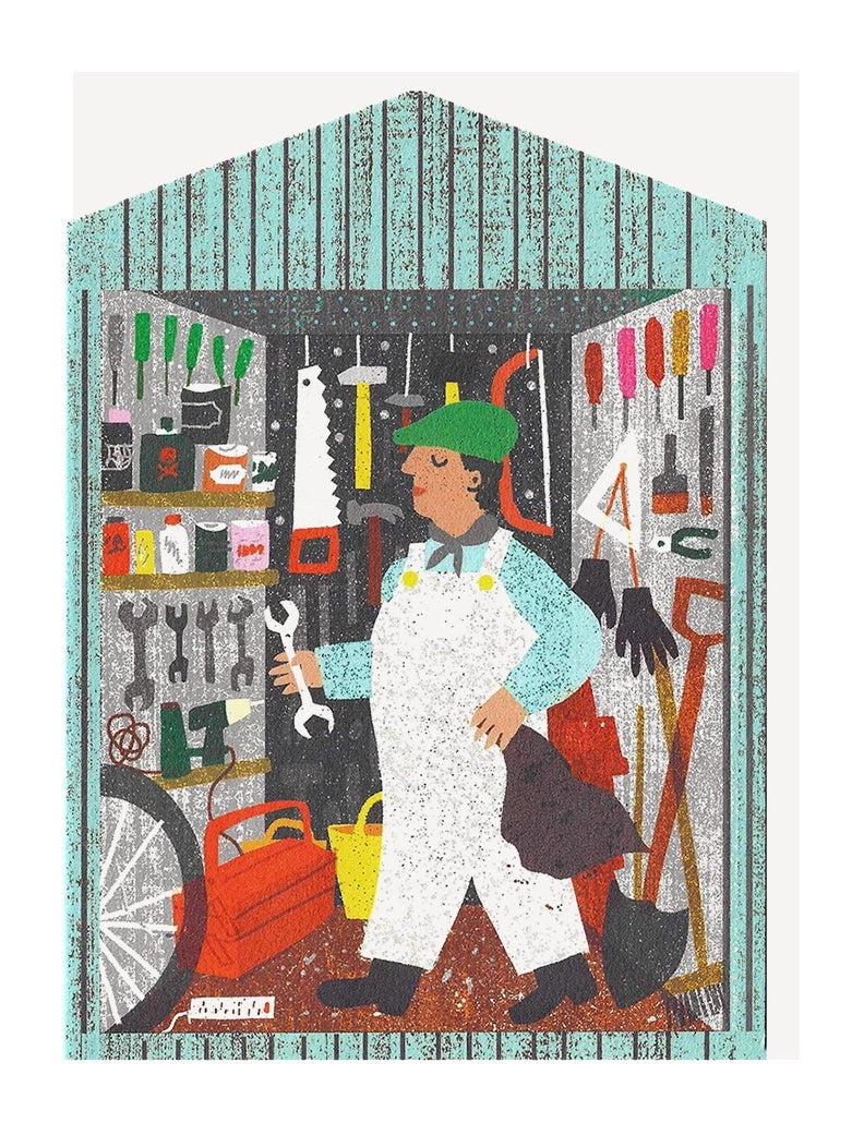 Man in Shed Die Cut Card