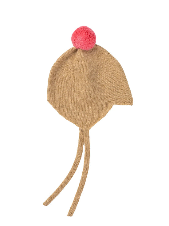 Camel with Blush Pom Cashmere Baby Bonnet