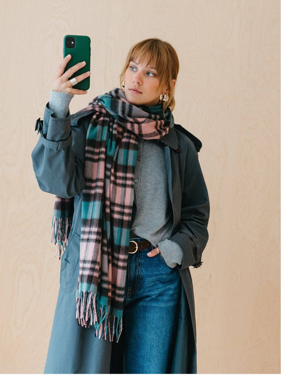 Pine Green & Rose Pink Tartan Check Lambswool Blanket Scarf