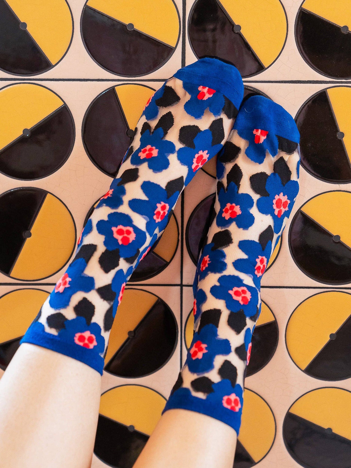 Bold Blue Floral Sheer Crew Sock