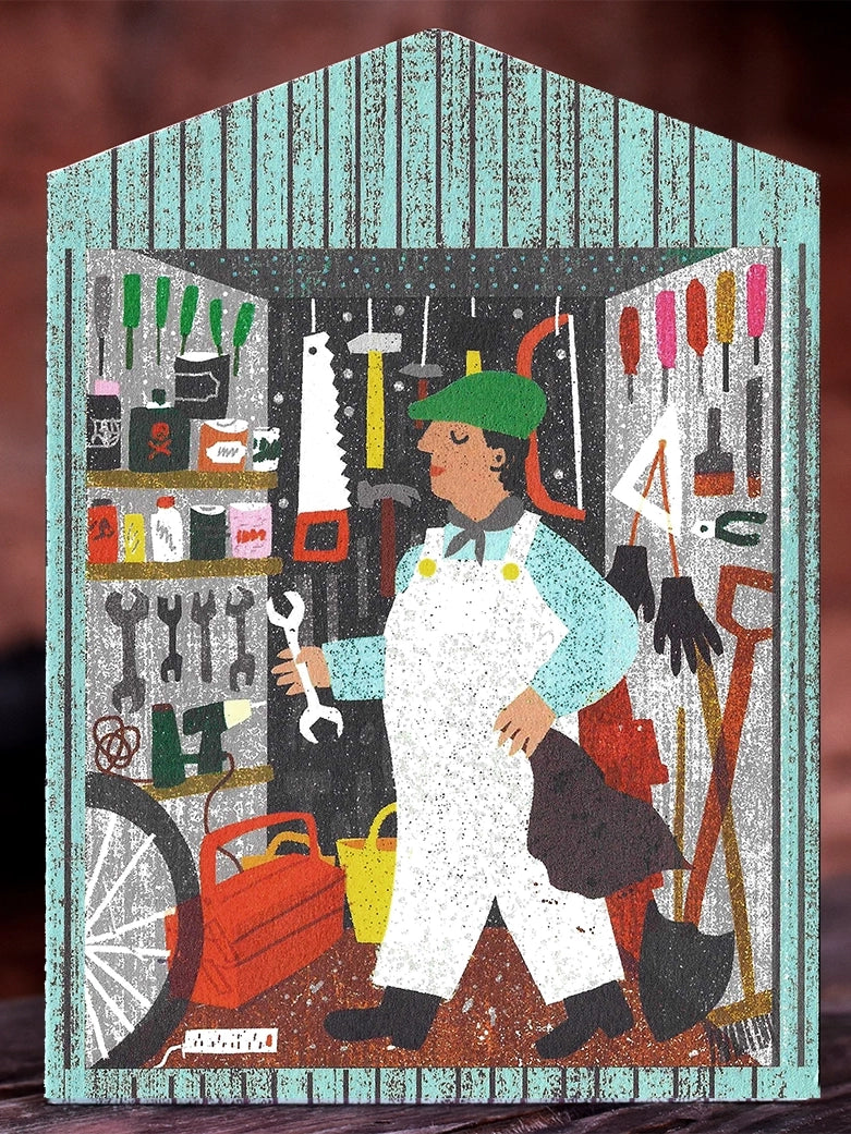 Man in Shed Die Cut Card