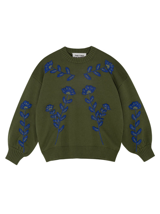 Khaki Cleo Flowers Embroidered Sweater