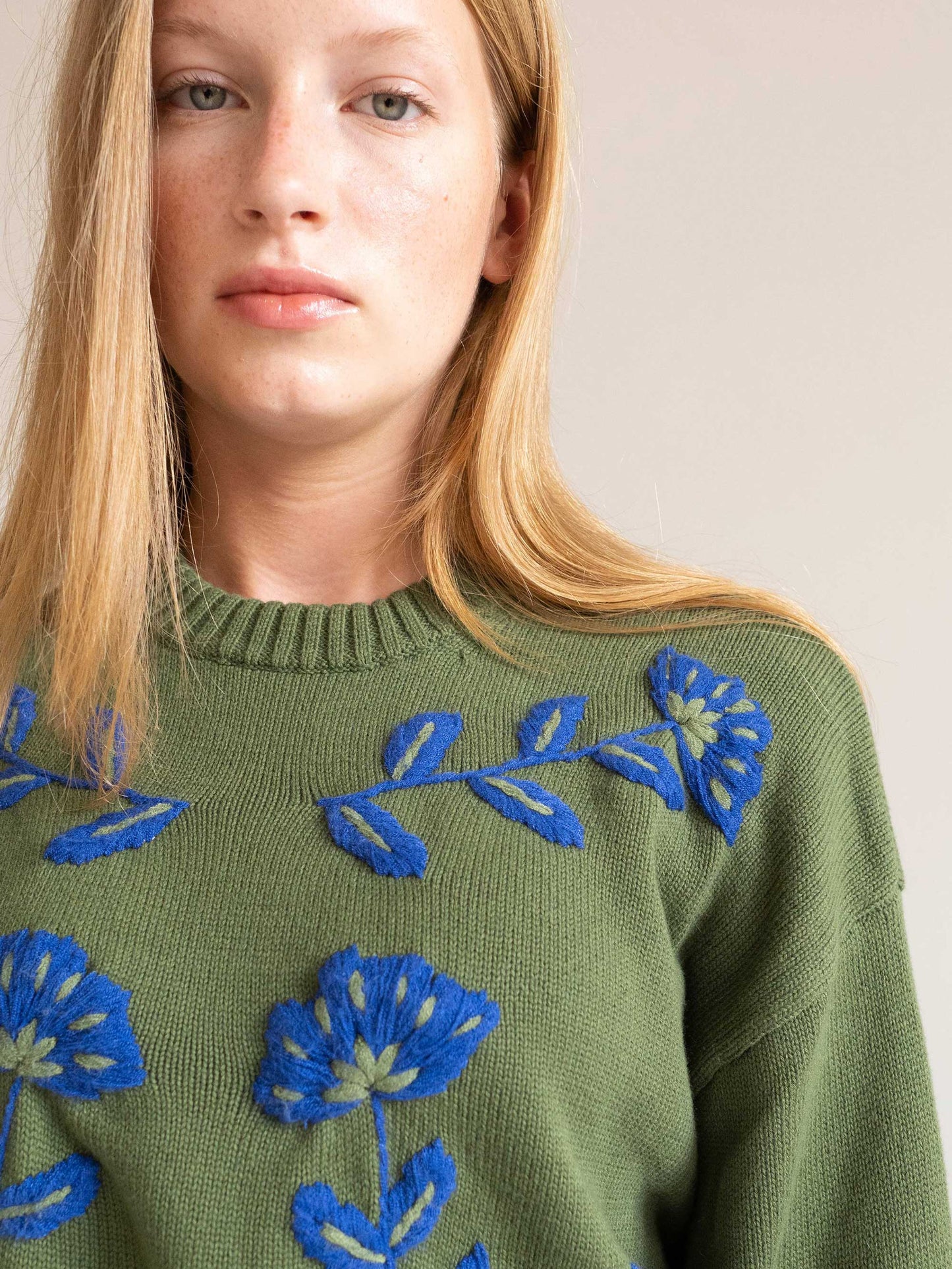 Khaki Cleo Flowers Embroidered Sweater