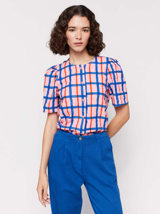 Multicoloured Check Print Puff Sleeve Buttoned Shirt