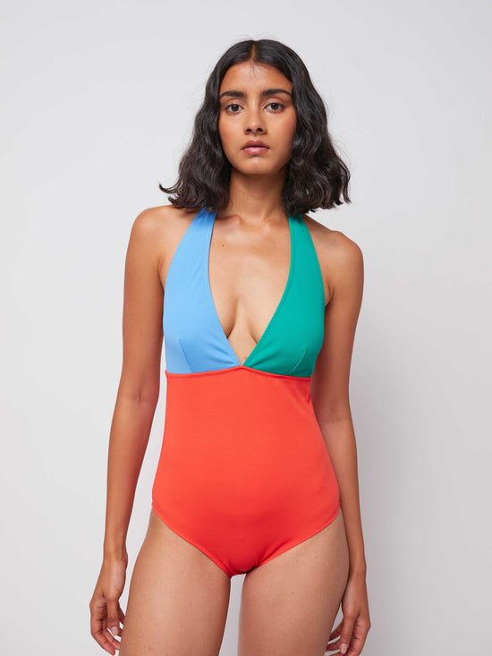 Colour Block Terry V-neck Swimsuit