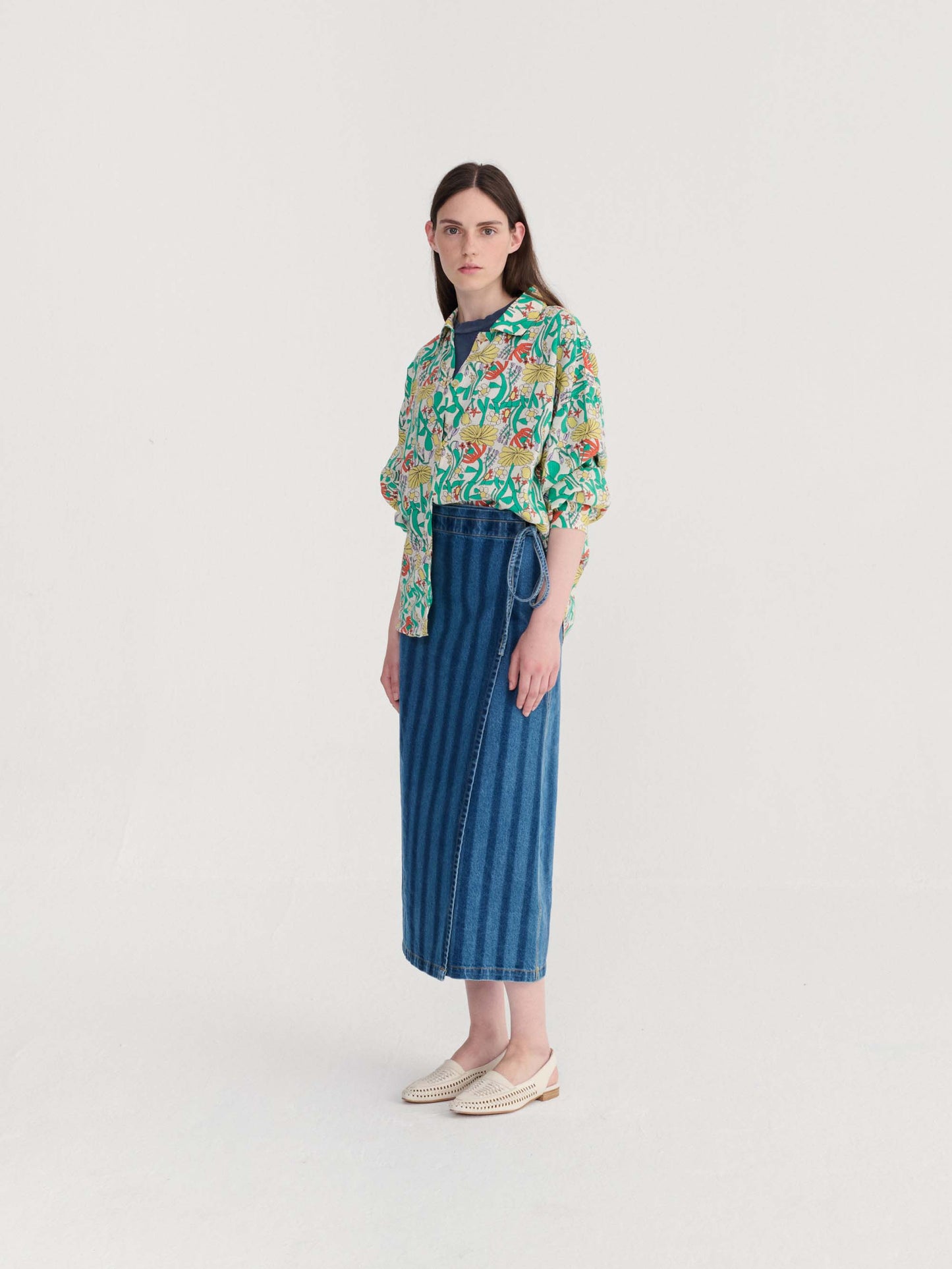 Striped Denim Wrap Skirt