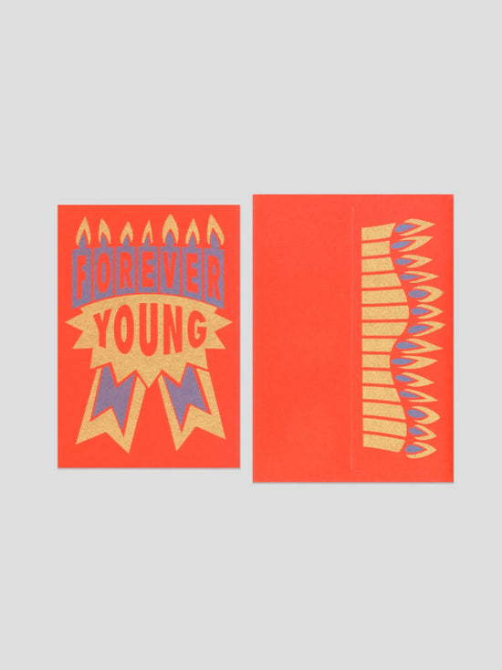 Two red cards with yellow and blue text and designs on a light gray background