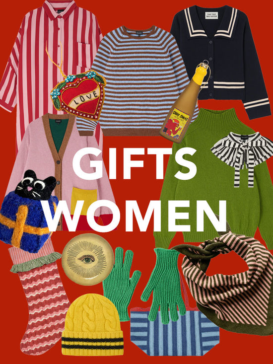 Collage of various clothing items with 'Gifts for Women' text on a red background slow-fashion clothing