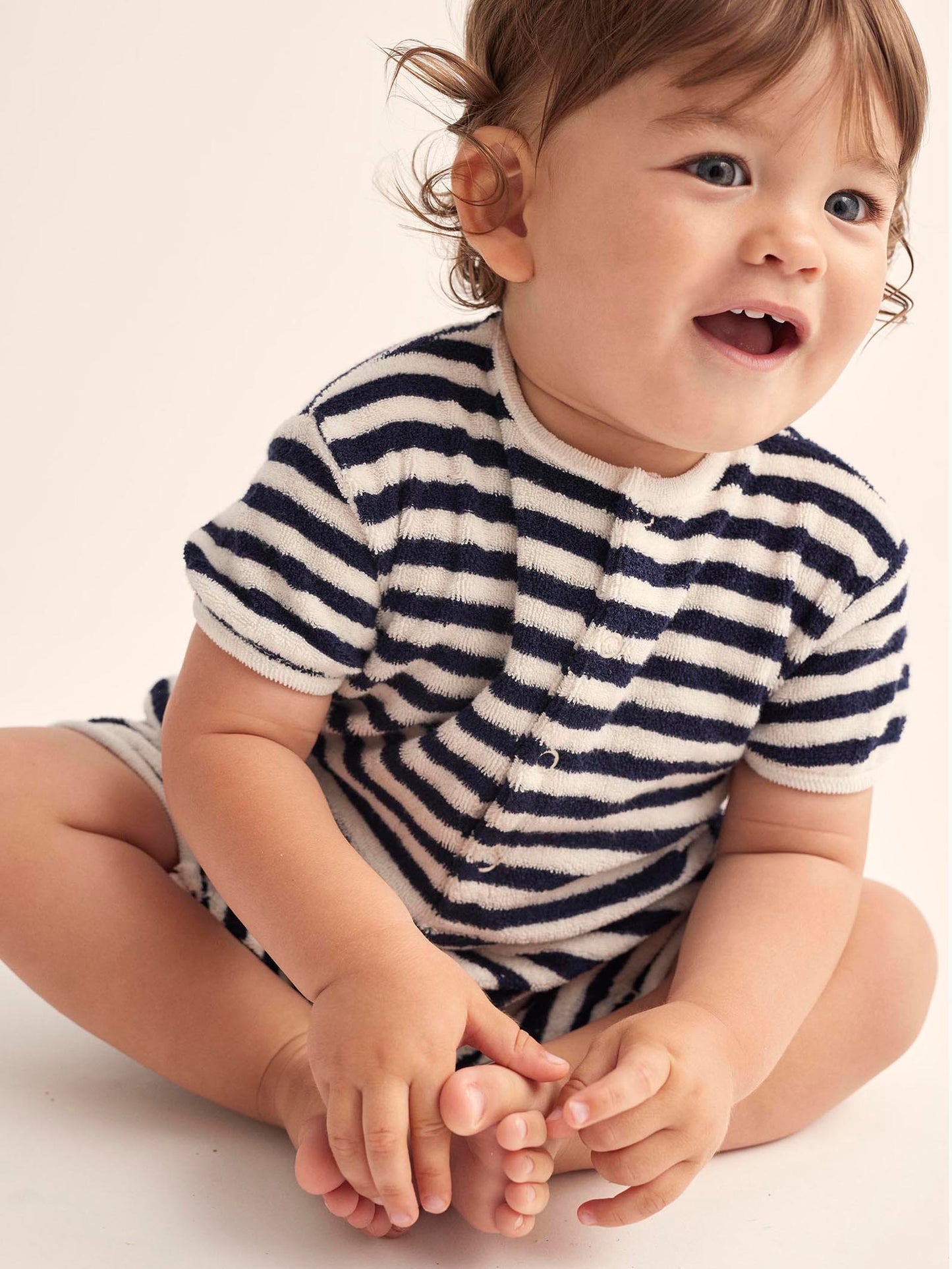 Navy Striped Towelling Baby Jumpsuit