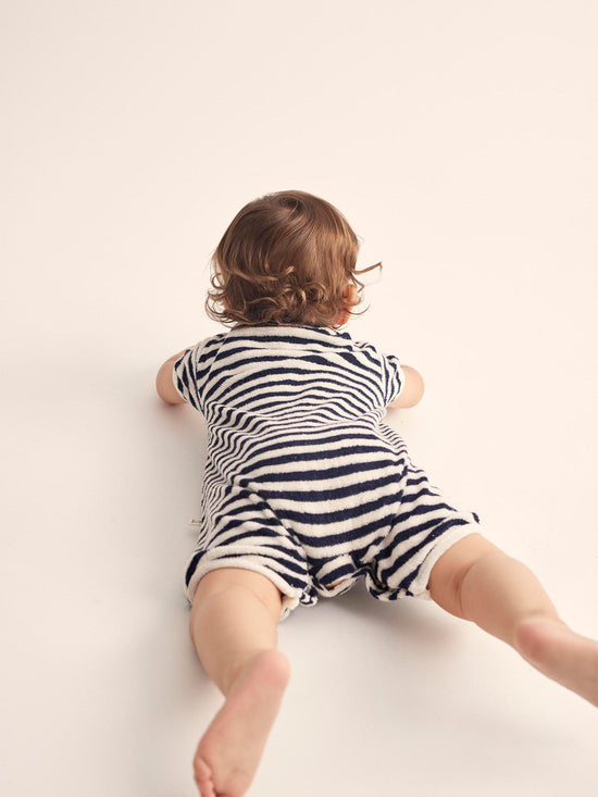 Navy Striped Towelling Baby Jumpsuit