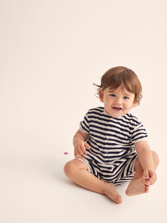 Navy Striped Towelling Baby Jumpsuit