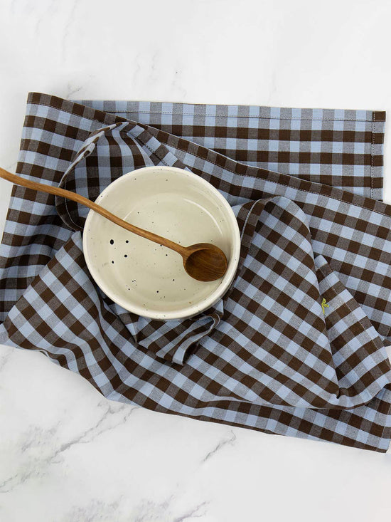 Light Blue & Brown Check Tea Towel