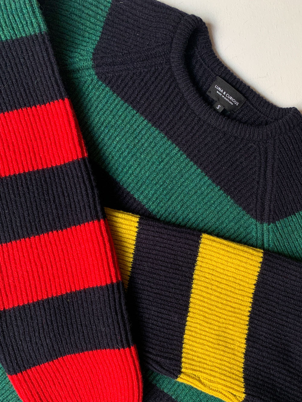 Load image into Gallery viewer, Navy &amp;amp; Green Block Stripe Rib Knit Jumper

