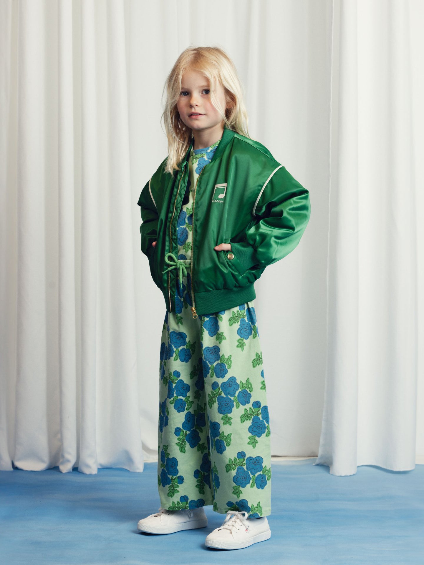 Green Note Chenille Satin Baseball Jacket