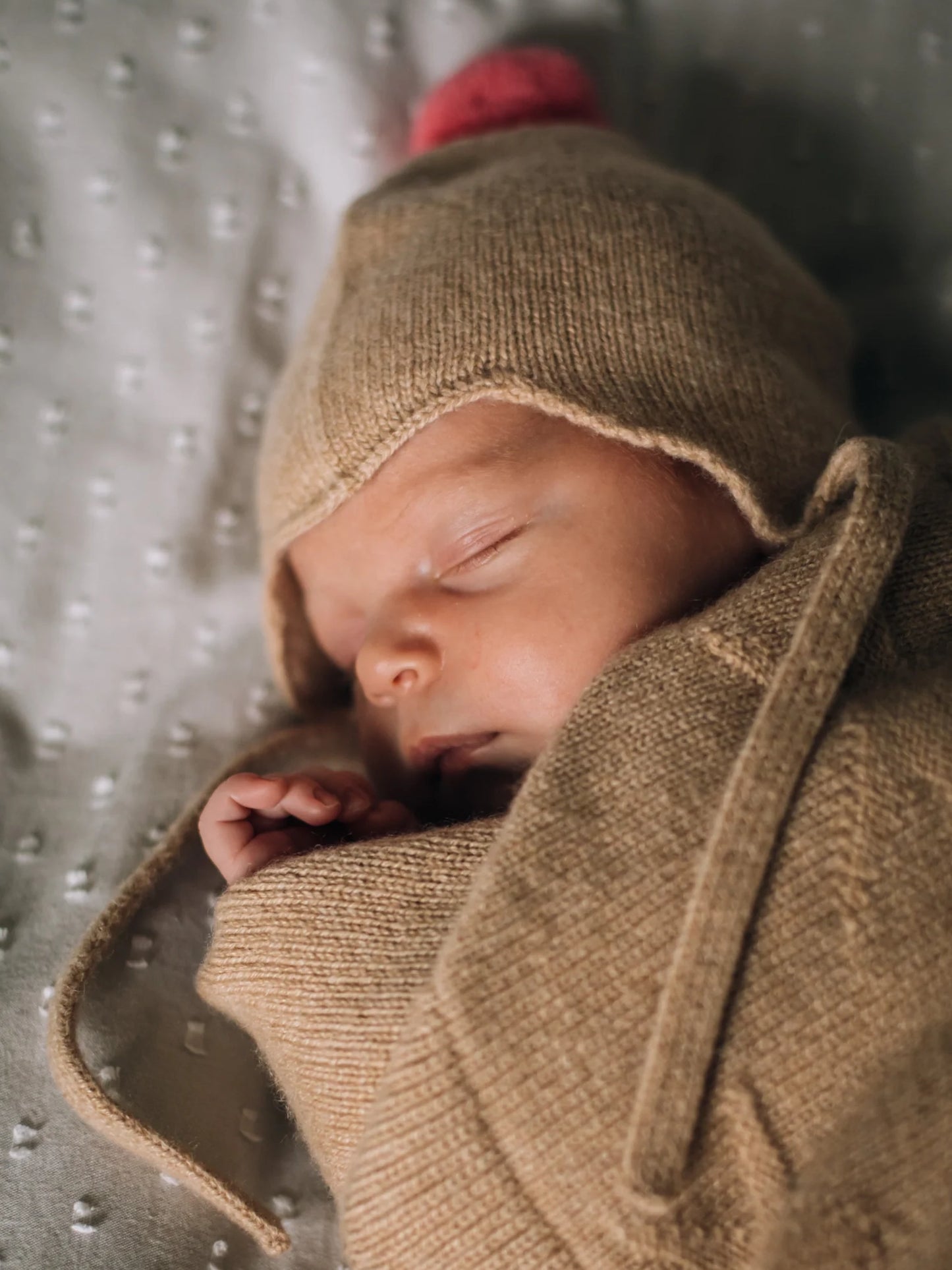 Camel with Blush Pom Cashmere Baby Bonnet