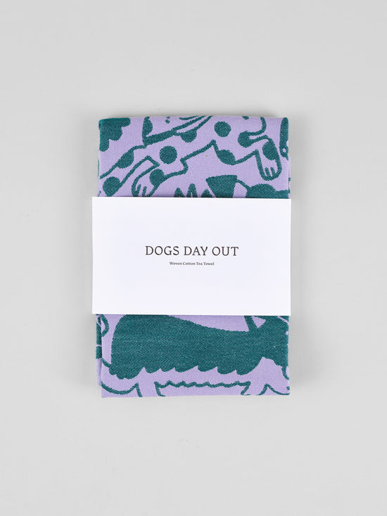 Lilac & Green Dogs Day Out Tea Towel
