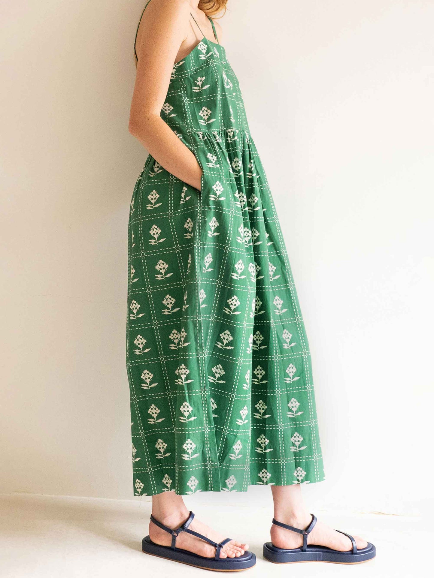 Pine Green Pixelated Flowers Straps Dress
