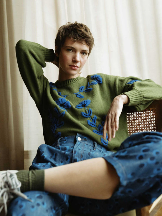 Khaki Cleo Flowers Embroidered Sweater