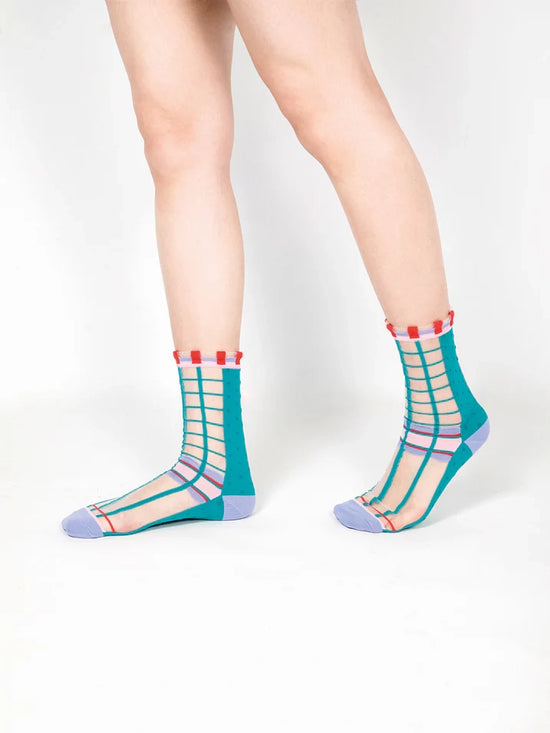 Teal Grids & Polka Dots Sheer Socks