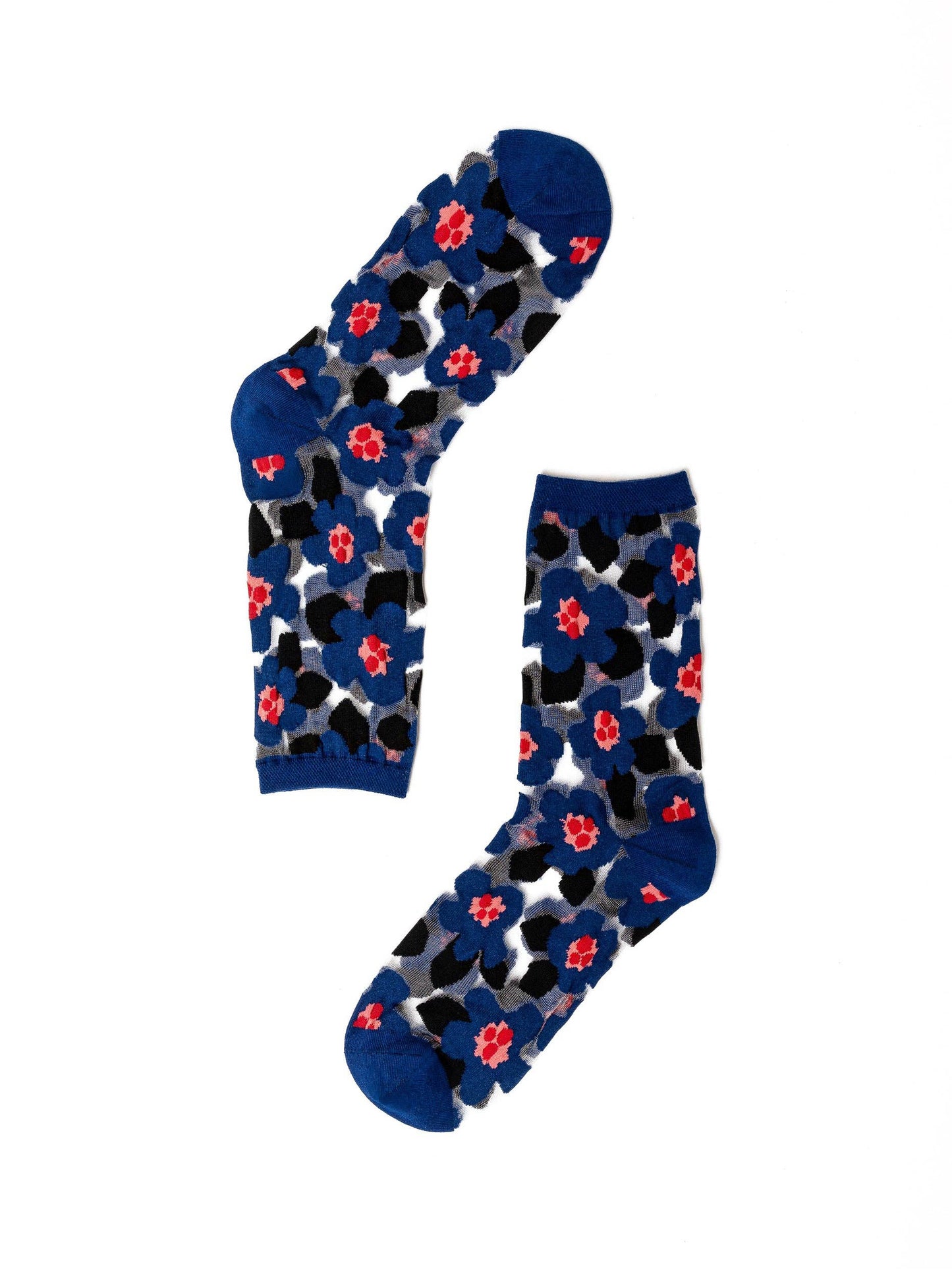 Bold Blue Floral Sheer Crew Sock