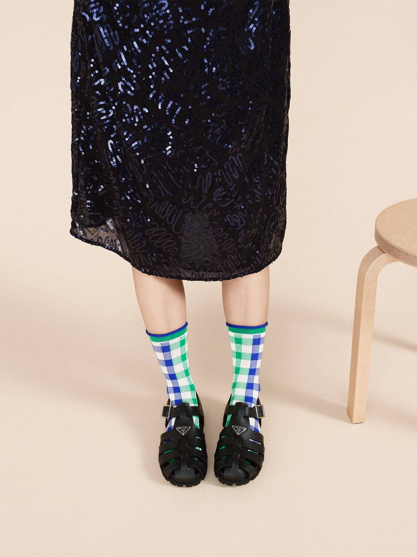 Green Colour Block Gingham Socks